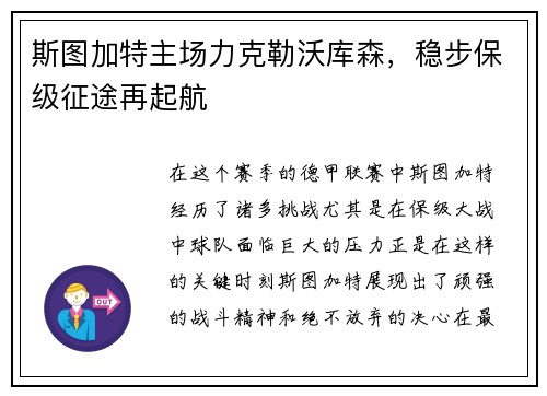 斯图加特主场力克勒沃库森，稳步保级征途再起航