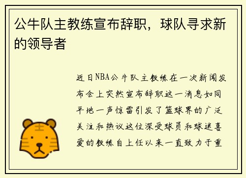 公牛队主教练宣布辞职，球队寻求新的领导者